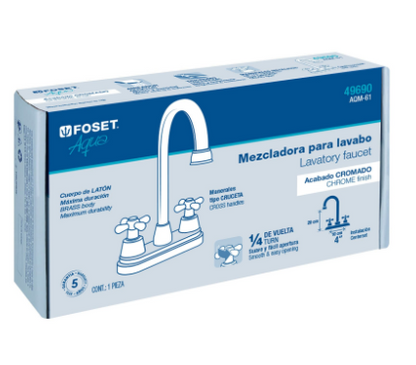 MEZCLADORA CROMO 4'' PARA LAVABO, CUELLO BAR, CRUCETA, FOSET 49690