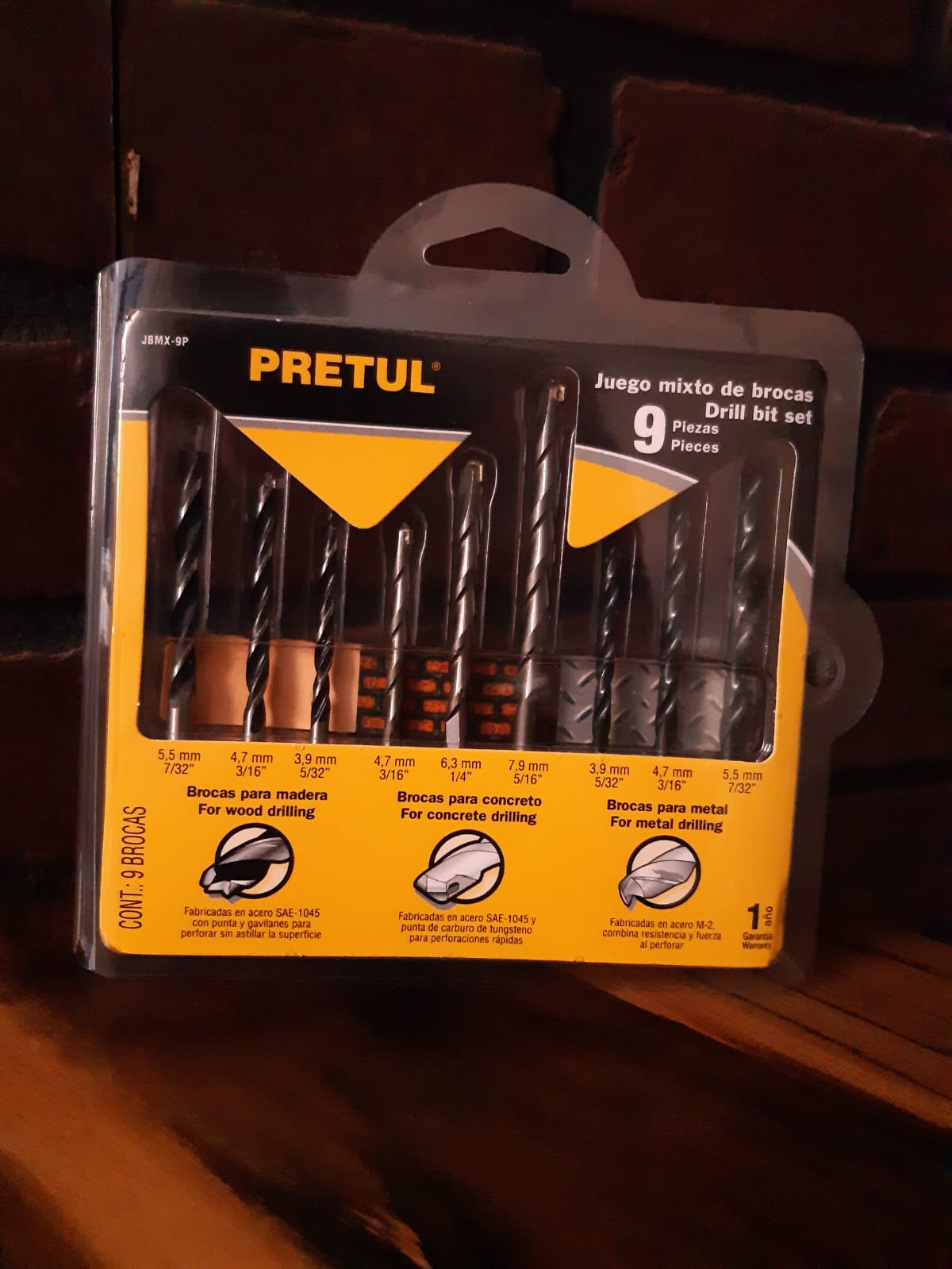 JUEGO DE 9 BROCAS PARA METAL, CONCRETO Y MADERA PRETUL 20704 P