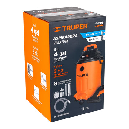 ASPIRADORA DE SÓLIDOS Y LÍQUIDOS DE 4 GAL, PLÁSTICA, TRUPER 101508 *