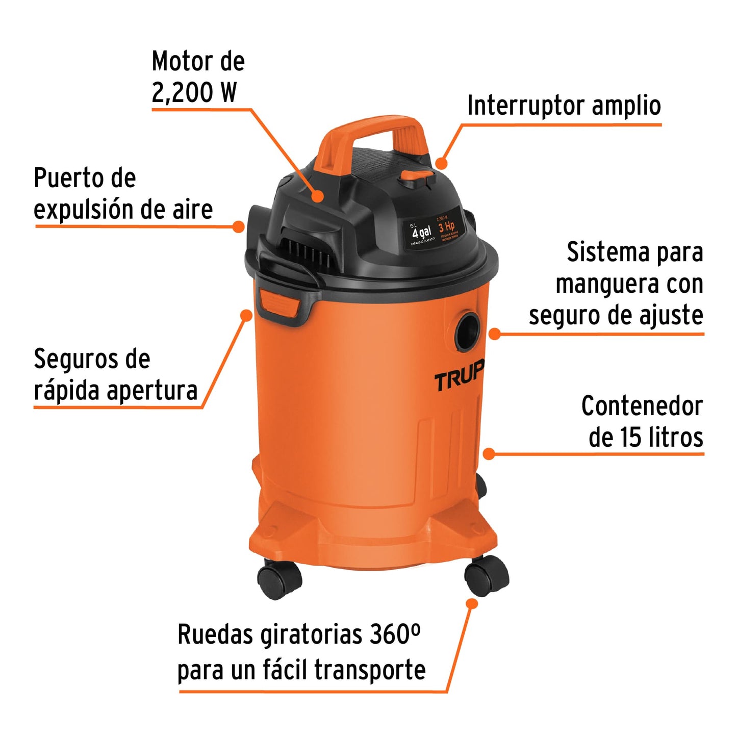 ASPIRADORA DE SÓLIDOS Y LÍQUIDOS DE 4 GAL, PLÁSTICA, TRUPER 101508 *