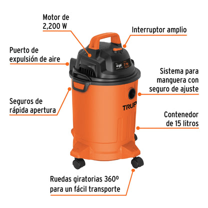 ASPIRADORA DE SÓLIDOS Y LÍQUIDOS DE 4 GAL, PLÁSTICA, TRUPER 101508 *
