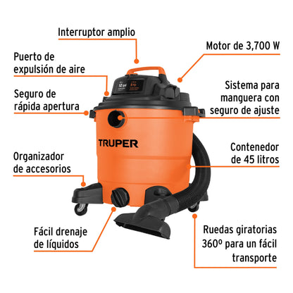 ASPIRADORA DE SÓLIDOS Y LÍQUIDOS DE 12 GAL, PLÁSTICA, TRUPER 101509 N