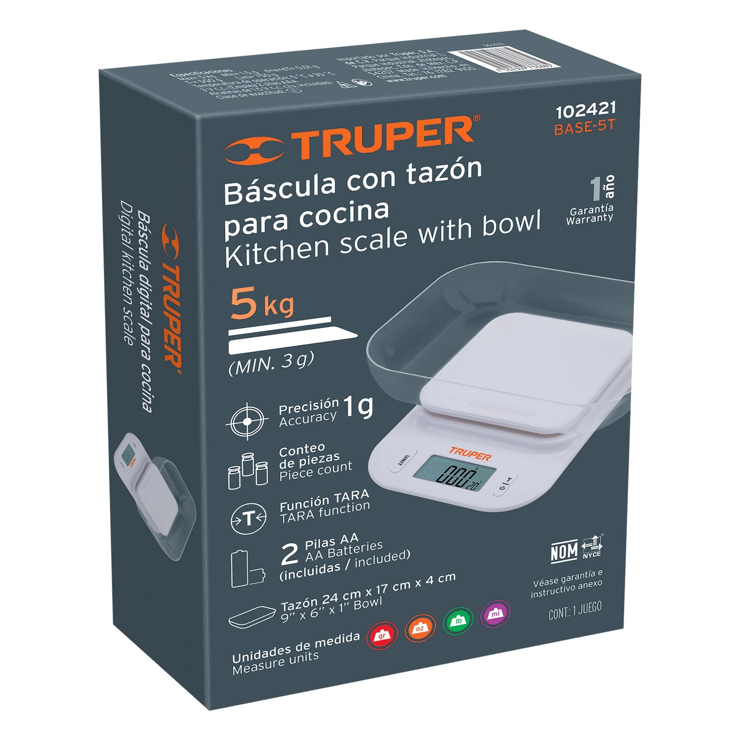 BÁSCULA DIGITAL CON TAZÓN PARA COCINA, 5KG, TRUPER 102421 *