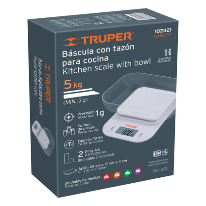 BÁSCULA DIGITAL CON TAZÓN PARA COCINA, 5KG, TRUPER 102421 *