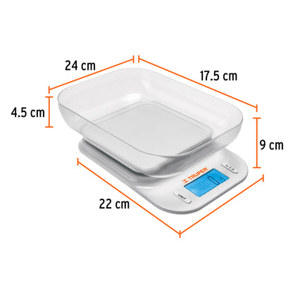 BÁSCULA DIGITAL CON TAZÓN PARA COCINA, 5KG, TRUPER 102421 *
