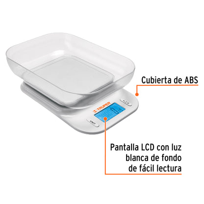 BÁSCULA DIGITAL CON TAZÓN PARA COCINA, 5KG, TRUPER 102421 *