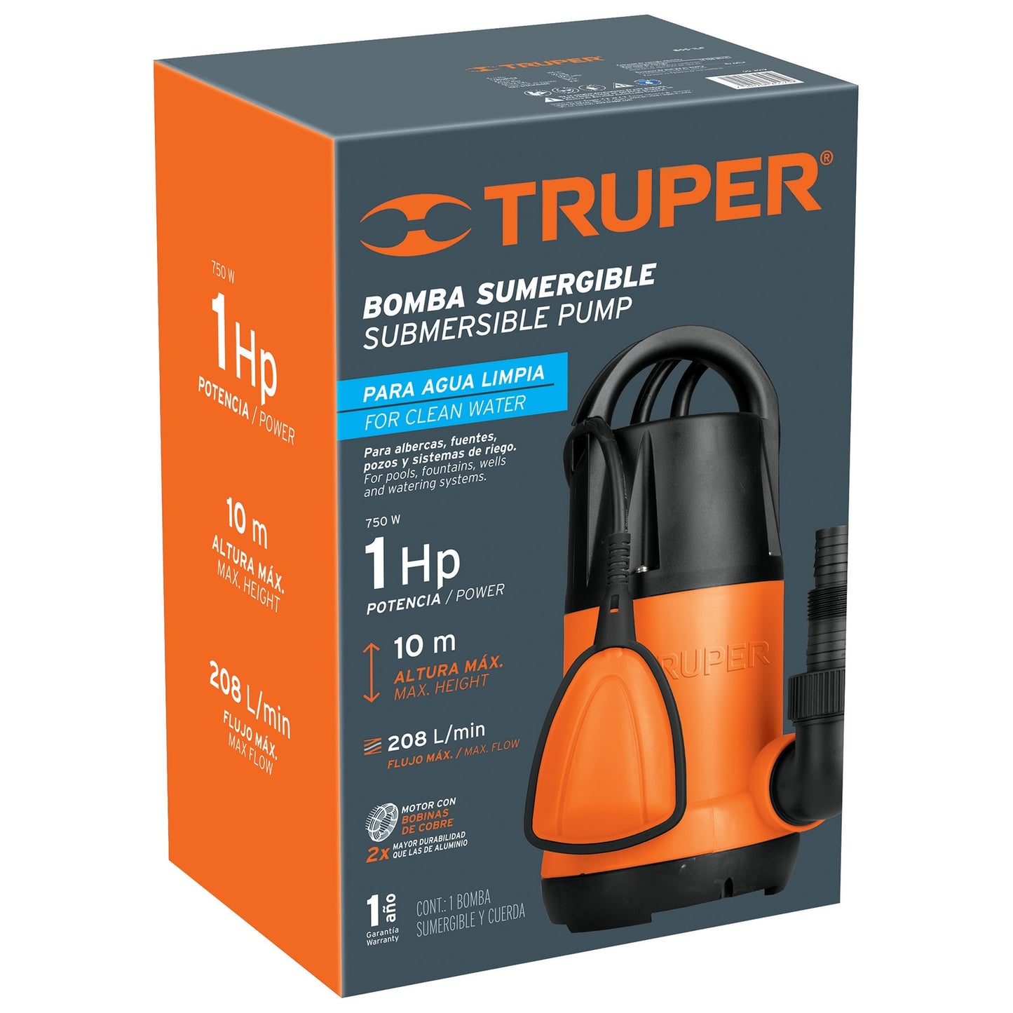 BOMBA SUMERGIBLE PLÁSTICA PARA AGUA LIMPIA 1 HP 12602 P