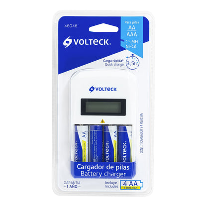 CARGADOR DE PILAS, AA, AAA, INCLUYE 4 PILAS AA, VOLTECK 46046 *