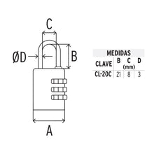 Cargar imagen en el visor de la galería, CANDADO DE COMBINACIÒN 20MM LATÒN EN BLÌSTER 43346 *
