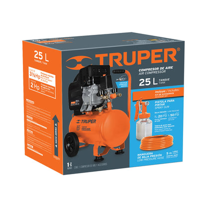 KIT COMPRESOR LUB 25 L, MANGUERA Y PISTOLA GRAV, 127 V, TRUPER 100300