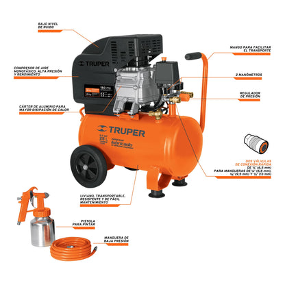 KIT COMPRESOR LUB 25 L, MANGUERA Y PISTOLA GRAV, 127 V, TRUPER 100300