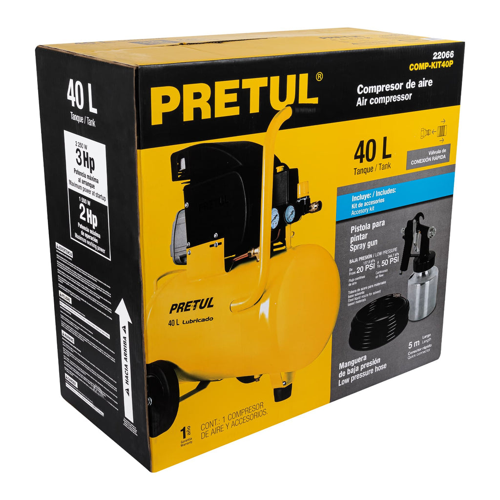 KIT COMPRESOR 40 L, MANGUERA DE PVC Y PISTOLA, PRETUL 22066 *