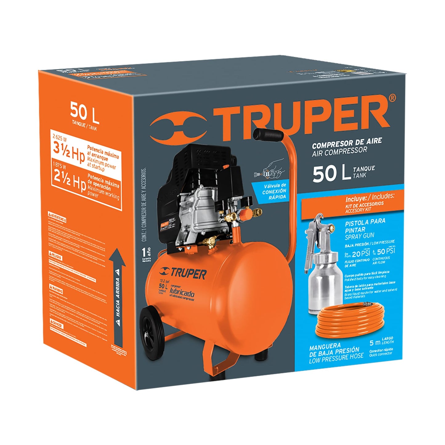 COMPRESOR 50 L, 3-1/2 HP, MANGUERA DE PVC Y PISTOLA 16095 *