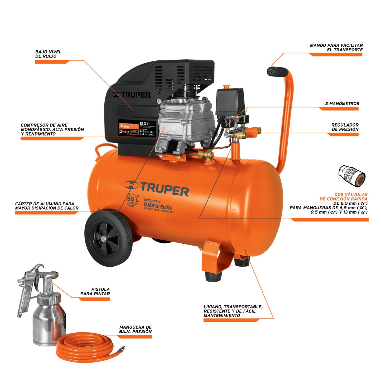 COMPRESOR 50 L, 3-1/2 HP, MANGUERA DE PVC Y PISTOLA 16095 *