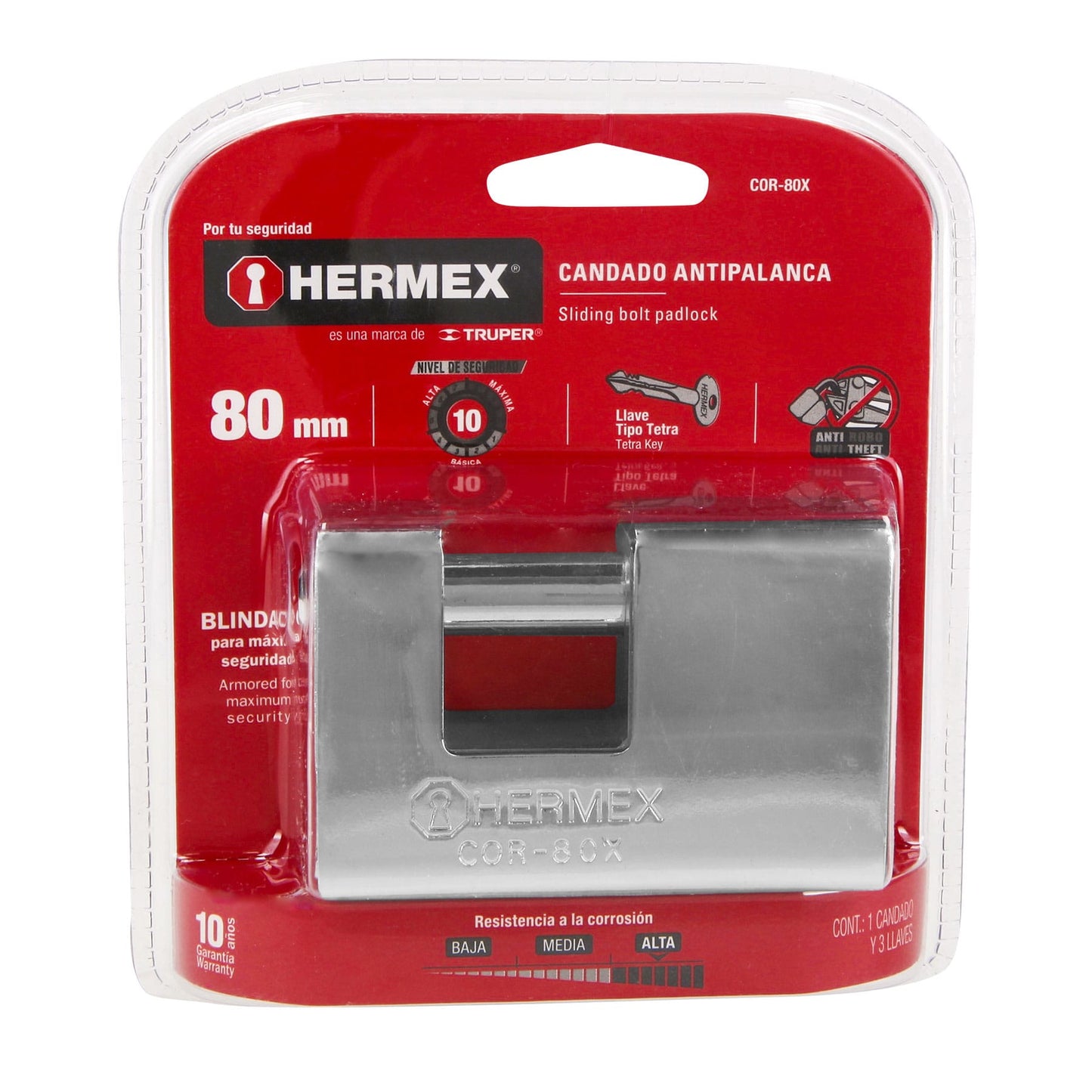 CANDADO ANTIPALANCA, 80MM, BLINDADO, LLAVE TETRA 43373 *