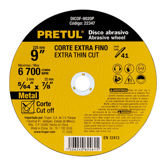 DISCO TIPO 41 PARA CORTE FINO DE METAL 9', 2 MM PRETUL