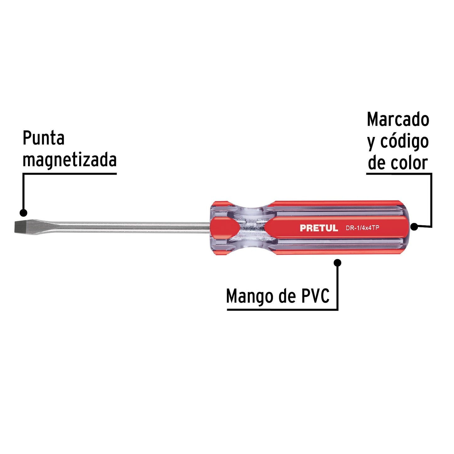 DESARMADOR PLANO 1/4 X 4" MANGO DE PVC, PRETUL 21459 *