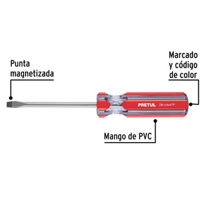 DESARMADOR PLANO 1/4 X 4" MANGO DE PVC, PRETUL 21459 P