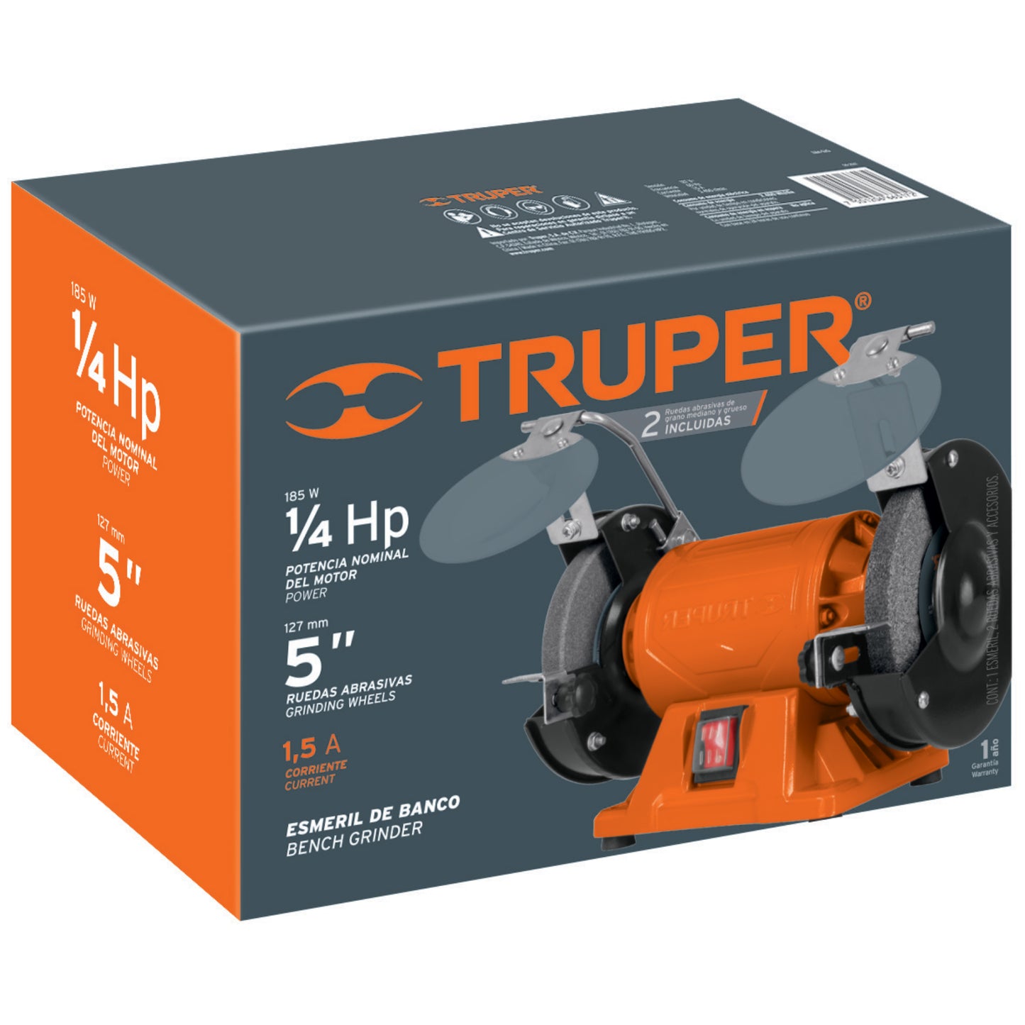 ESMERIL DE BANCO DE 5" DE 1/4 HP (185 W), TRUPER 12784 *