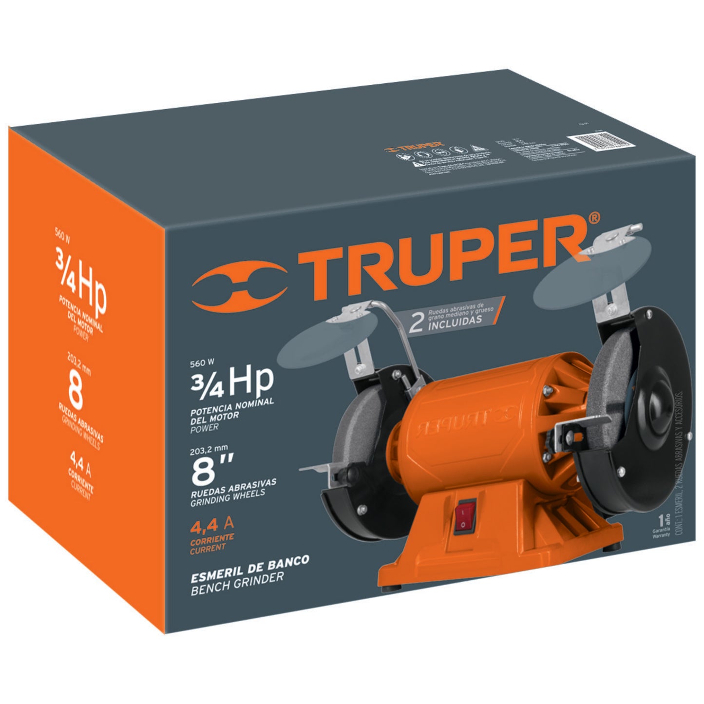ESMERIL DE BANCO DE 8" DE 3/4 HP (560 W), TRUPER 12786 N