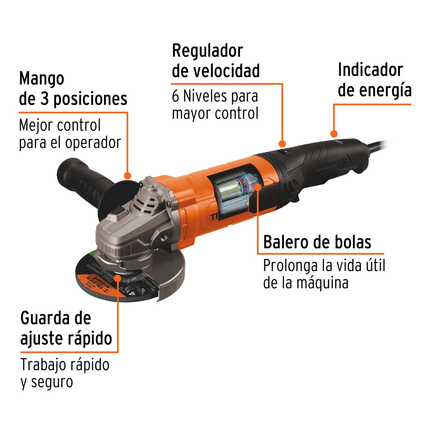 ESMERILADORA ANGULAR 4-1/2" 1100 W, PROFESIONAL, TRUPER 100902 *