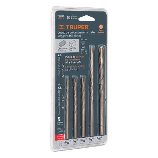 JUEGO DE 5 BROCAS PARA CONCRETO, PUNTA DE CARBURO, TRUPER 102705 *