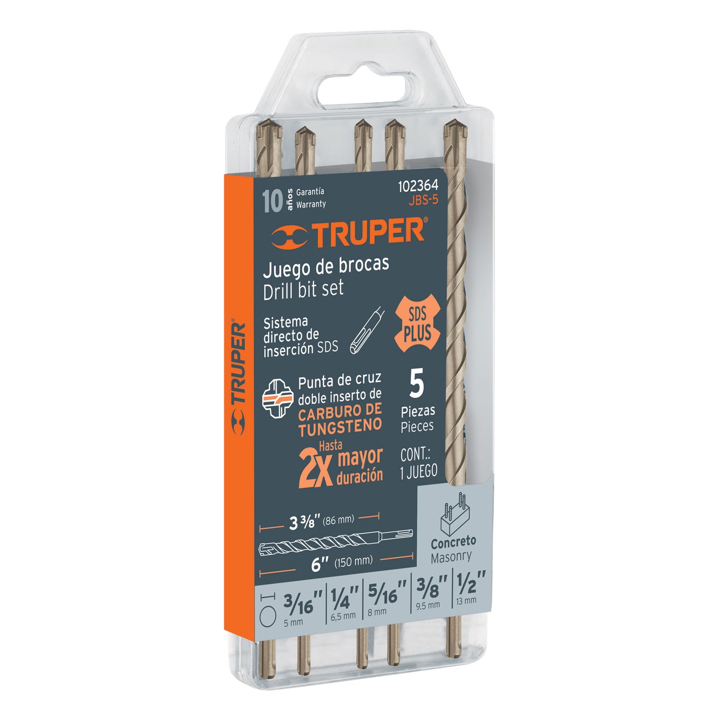 JUEGO DE 5 BROCAS PARA CONCRETO SDS PLUS, TRUPER 102364 N
