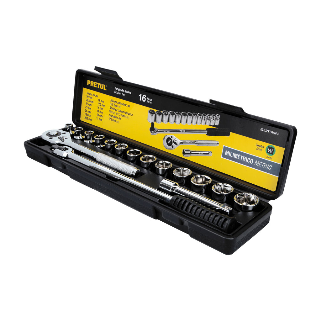 JUEGO DE 16 HERRAMIENTAS 1/2" MM PARA MECÁNICO, PRETUL 21174 P