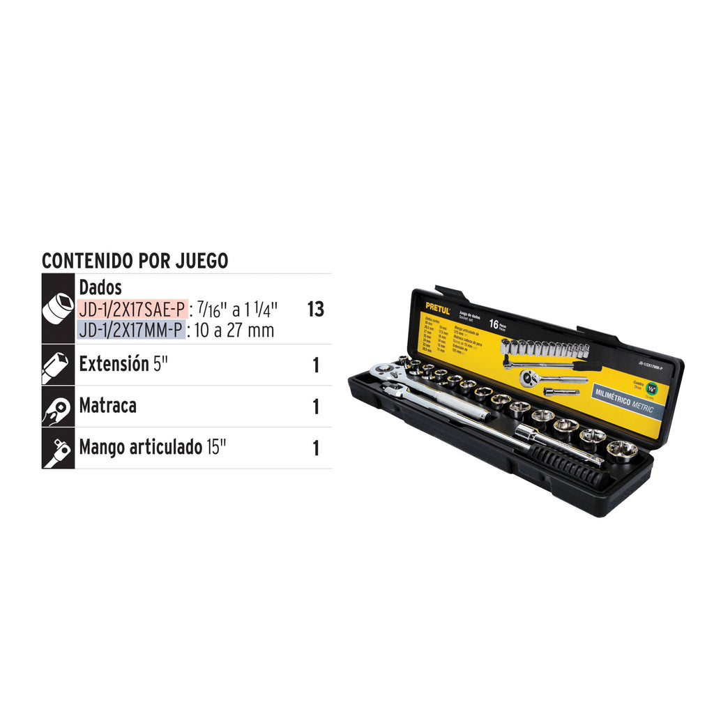 JUEGO DE 16 HERRAMIENTAS 1/2" MM PARA MECÁNICO, PRETUL 21174 P