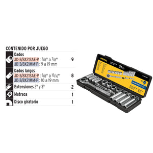 JUEGO DE 21 HERRAMIENTAS 3/8" MM PARA MECÁNICO, PRETUL 21191 P