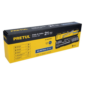 JUEGO DE 21 HERRAMIENTAS 3/8" MM PARA MECÁNICO, PRETUL 21191 P