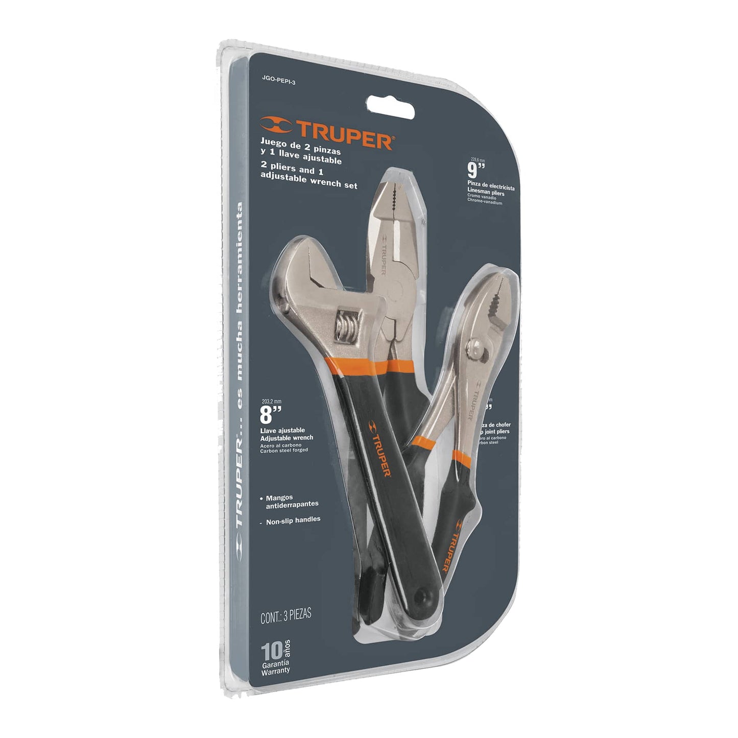 JUEGO 2 PINZAS Y 1 LLAVE AJUSTABLE MANGO DE PVC TRUPER 18216 P