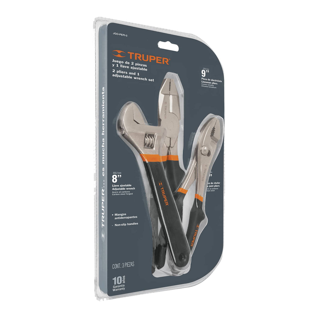 JUEGO 2 PINZAS Y 1 LLAVE AJUSTABLE MANGO DE PVC TRUPER 18216 P