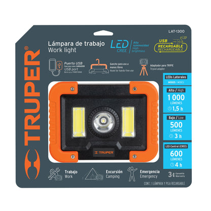 LÁMPARA DE TRABAJO RECARGABLE DE LEDS LATERALES Y CENTRAL 14631 N