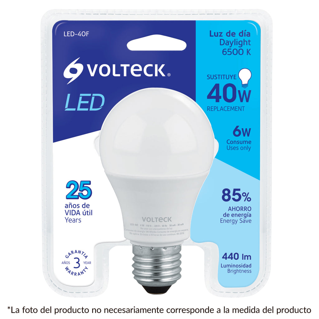 FOCO DE LED, A19, 6 W, LUZ DE DÍA  VOLTECK 46856 *