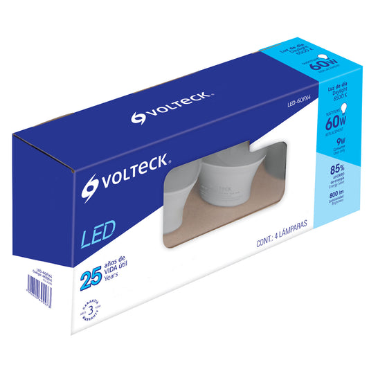 LÁMPARA DE LED, A19, 9W, E27, LUZ DE DÍA 4 PIEZAS EN CAJA COD 46864 P