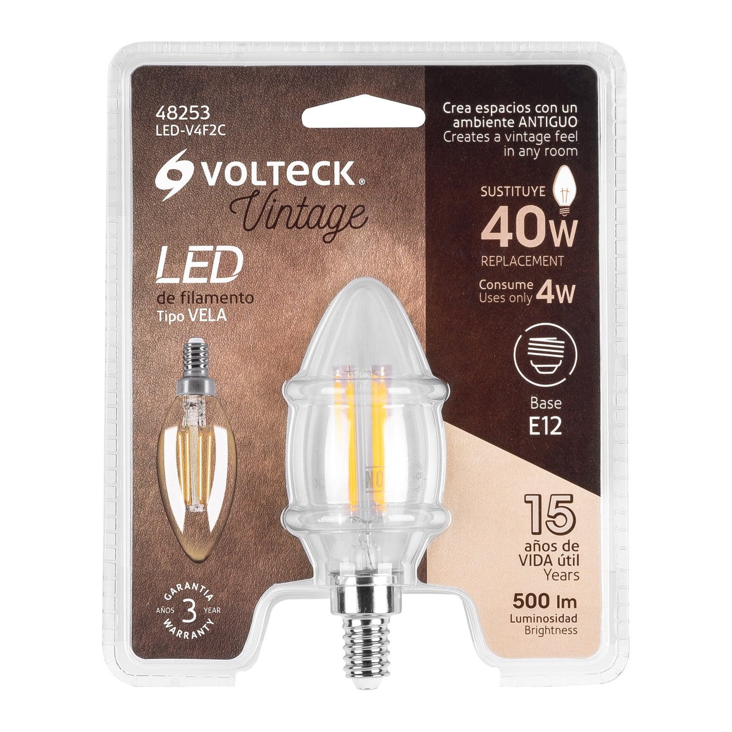 LÁMPARA LED TIPO VELA 4 W CON FILAMENTO BASE E12 LUZ CÁLIDA 48253 *