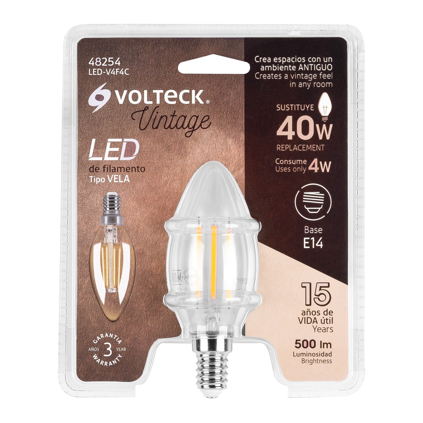 LÁMPARA LED TIPO VELA 4 W CON FILAMENTO BASE E14 LUZ CÁLIDA 48254 *