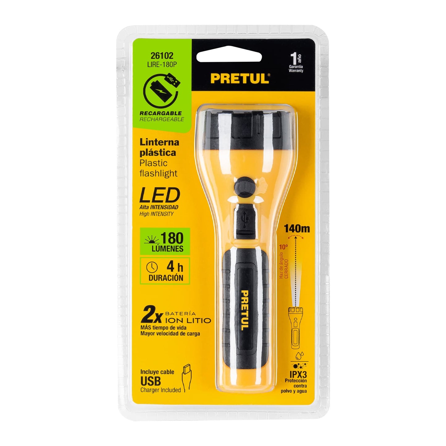 LINTERNA PLÁSTICA RECARGABLE DE LED, 180 LÚMENES, PRETUL 26102 *