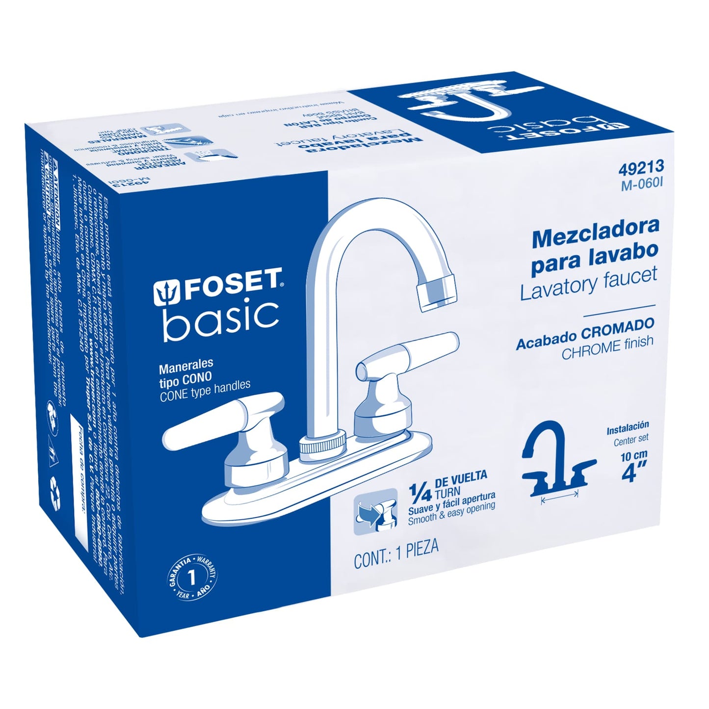 MEZCLADORA 4'' PARA LAVABO, CUELLO BAR, MANERALES CONO 49213 N