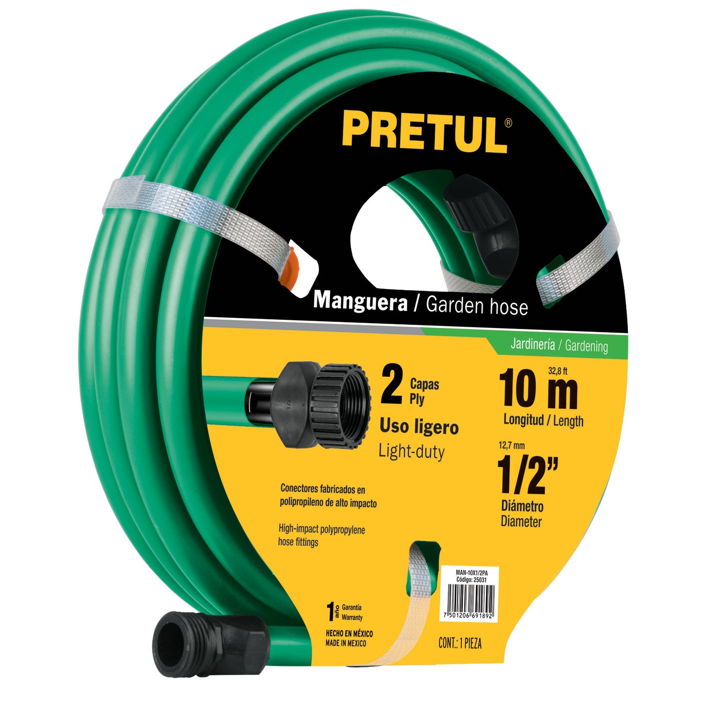 MANGUERA VERDE 1/2'' 2 CAPAS 10M CONEXIONES PLÁSTICAS 10MTS PRETUL 22130 *