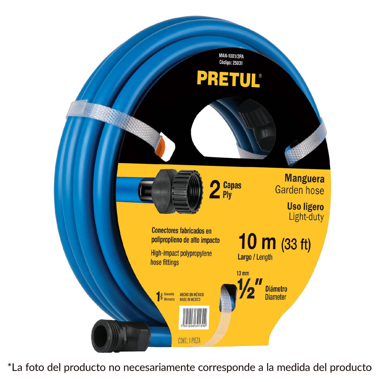 MANGUERA 1/2", CONEXIONES PLÁSTICAS, 15 M, PRETUL 25032 P