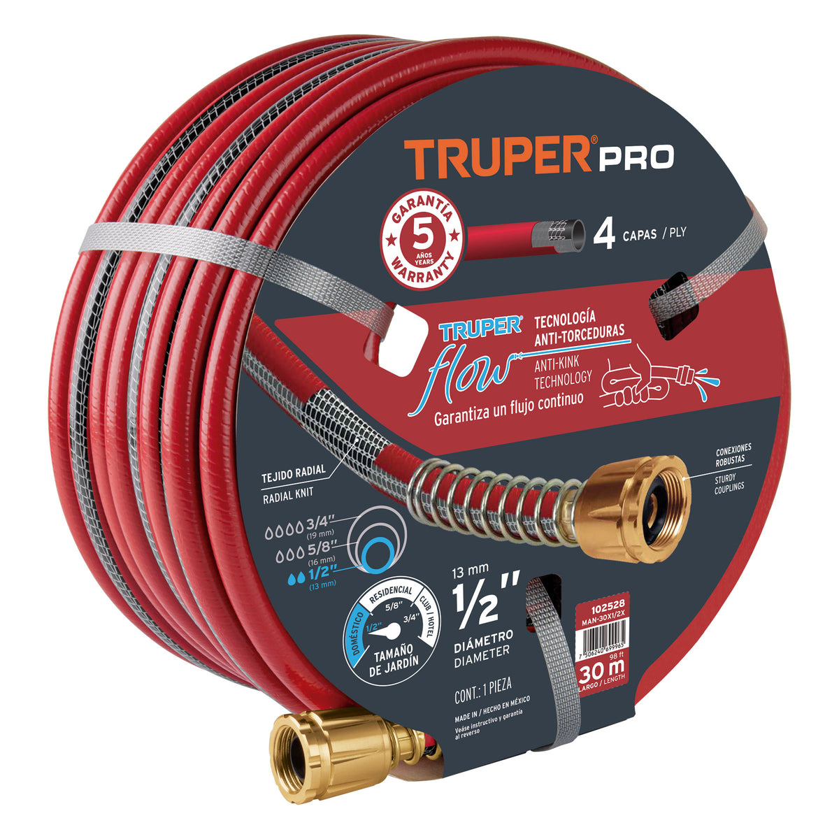 MANGUERA 1/2" SUPER REFORZADA 4 CAPAS 30 M CONEXIONES METAL 102528 *