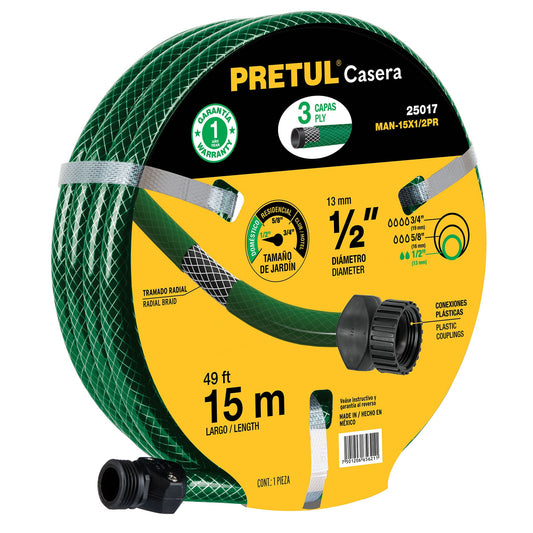 MANGUERA 1/2'' REFORZADA 3 CAPAS 15M CONEXIONES PLÀS, PRETUL 25017 *