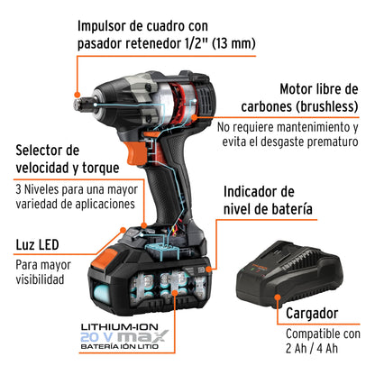 LLAVE DE IMPACTO INALÁMBRICA 1/2'' 20 V SIN CARBONES 101403 *