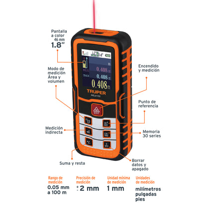 MEDIDOR LÁSER DE DISTANCIA DE 0.05M A 100M TRUPER 100374 P