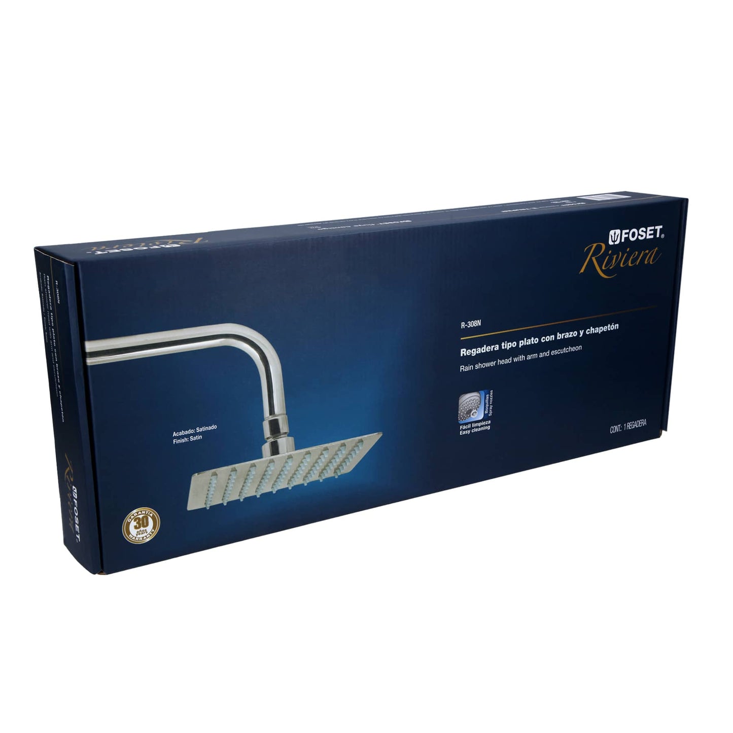 REGADERA ACERO INOXIDABLE, 8', CON BRAZO, SATINADO, RIVIERA