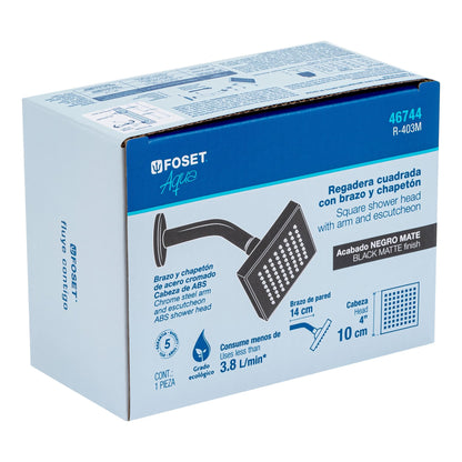 REGADERA CUADRADA 4" ACABADO NEGRO MATE CON BRAZO, FOSET 46744 N