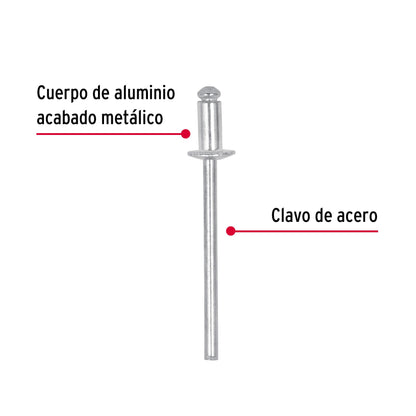 BOLSA CON 50 REMACHES 1/8" X 1/8" DE ALUMINIO, ALA 1/4" 44518 *