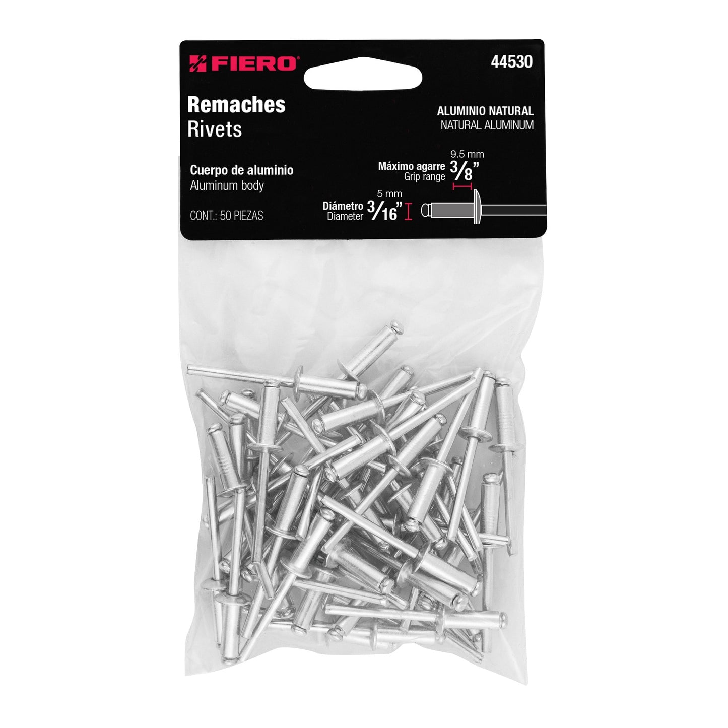 BOLSA CON 50 REMACHES 3/16" X 3/8" DE ALUMINIO, ALA 3/8" 44530 *